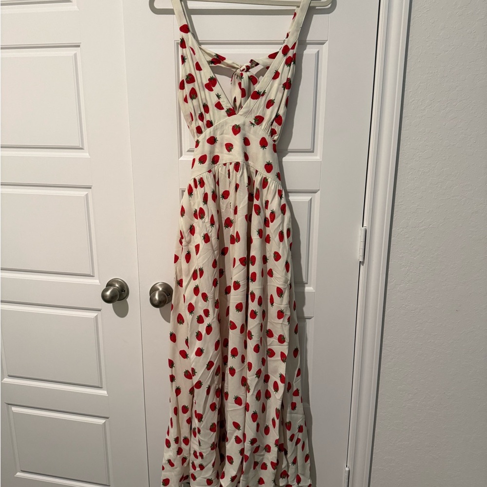 Cream Floral Tie-Back Midi Dress with Red Strawberry Print